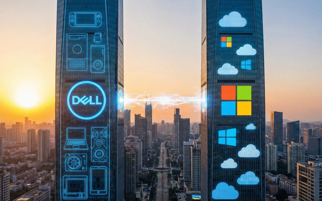 Conceito artístico com logos da Dell e Windows 11 em arranha-céus ilustrando o relatório sobre a lenta migração do sistema operacional.