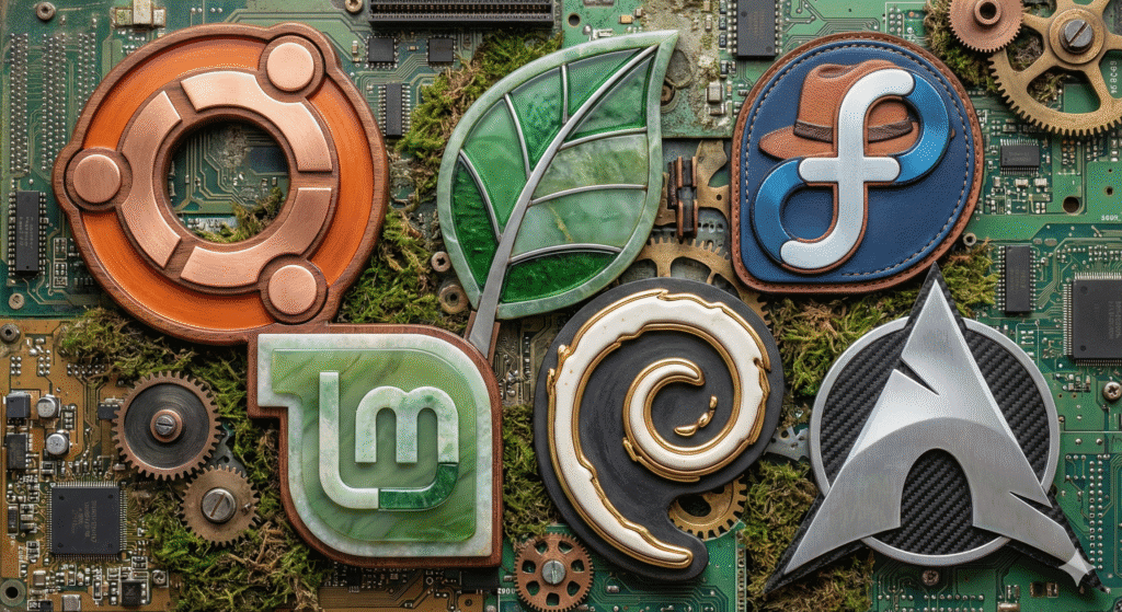 Ilustração artística com logos das principais distribuições Linux: Ubuntu, Linux Mint, Fedora, Debian e Arch.