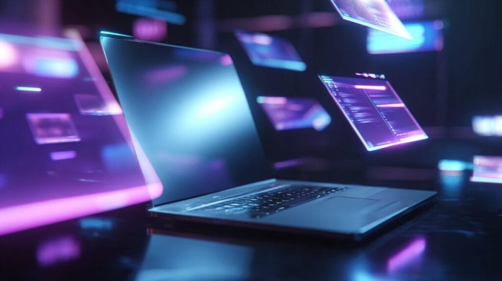Laptop com telas flutuantes coloridas