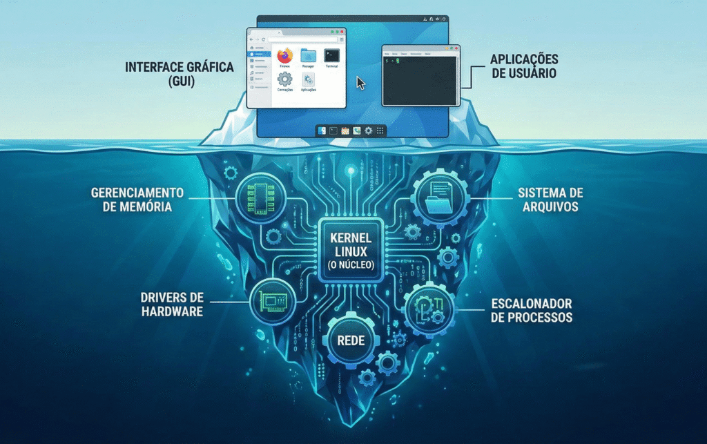 Ilustração explicando o que é Linux e sua estrutura