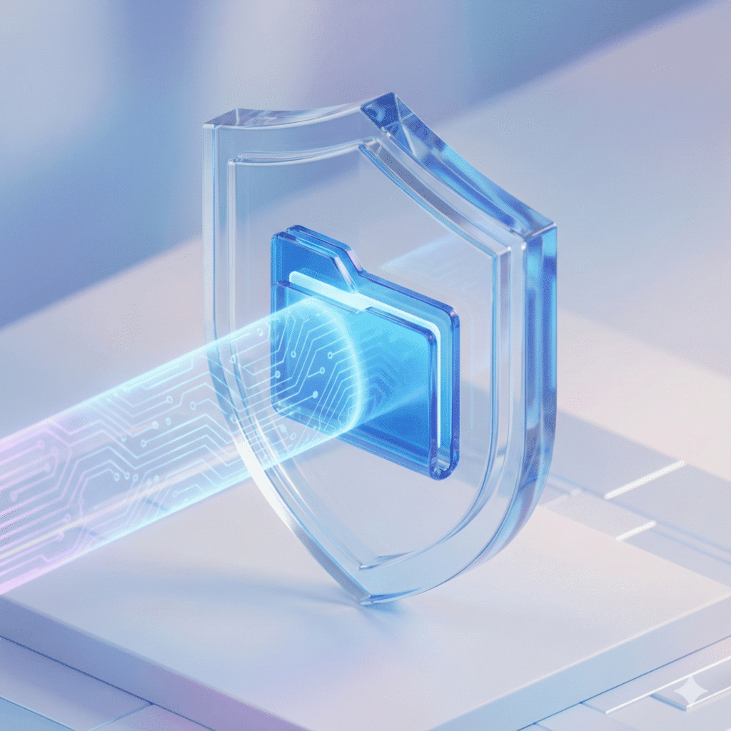 Ilustração 3D representando a segurança no Windows 11, exibindo uma pasta de arquivos protegida por um escudo de vidro e um cadeado digital, simbolizando o processamento local de dados por IA.