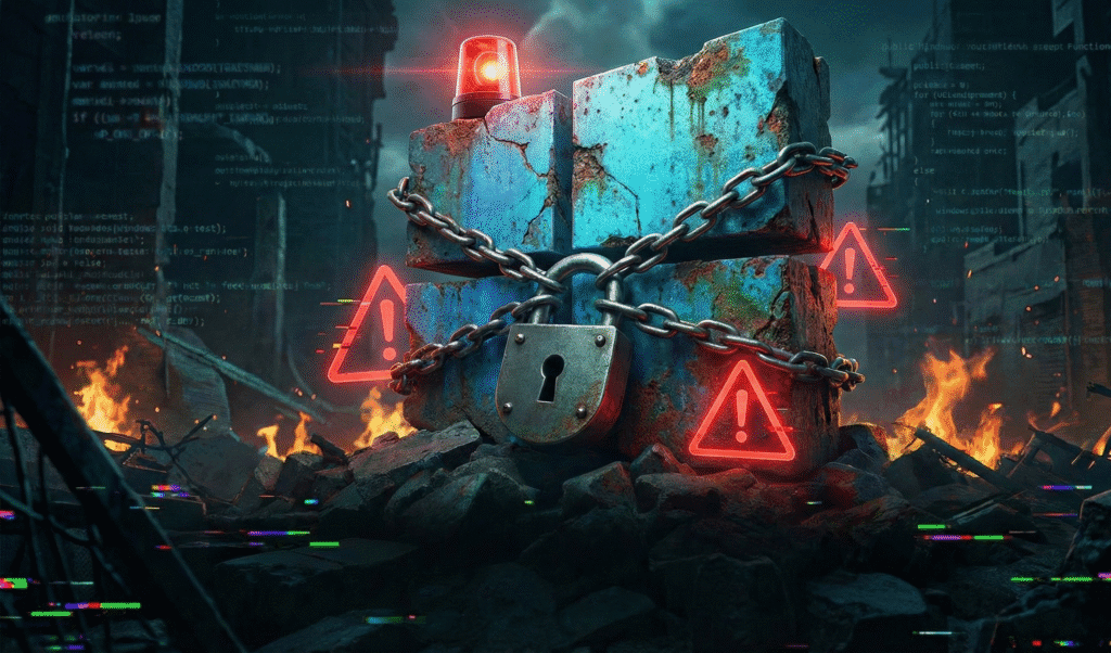 Alerta Fim do Suporte e Segurança Windows 10 Ilustração 3D com cadeado e luzes de emergência vermelhas simbolizando os riscos de segurança após o fim do suporte ao Windows 10.