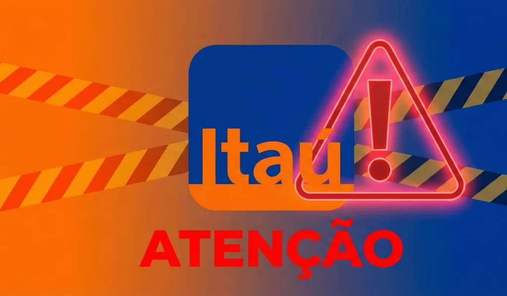 Alerta-de-Golpe-Banco-Itau Close no rosto de uma pessoa olhando com preocupação para a tela de um smartphone, que exibe uma chamada recebida com o identificador falso "Banco Itaú" em um fundo vermelho com ícone de alerta de fraude.
