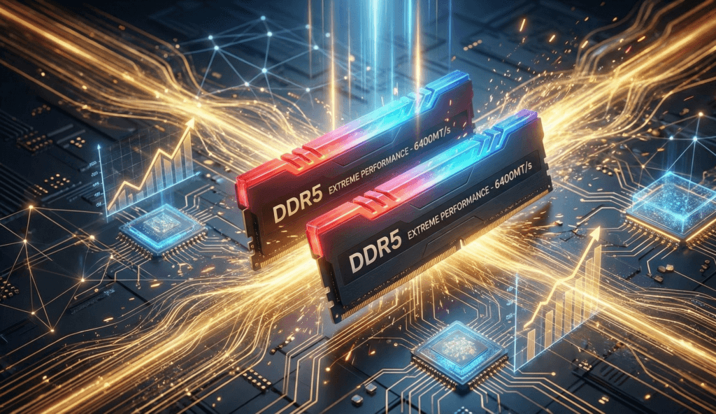 Escassez Memoria DRAM e DDR5 Servidores IA Módulos de memória DDR5 de alta performance sobre um fundo digital com conexões douradas, representando a demanda explosiva por componentes para servidores de Inteligência Artificial.
