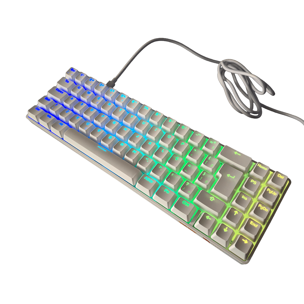Detalhes-da-iluminacao-RGB-e-construcao-do-ZN165-Pro Teclado mecânico ZN165 Pro branco com iluminação RGB e cabo USB conectado visto de ângulo.