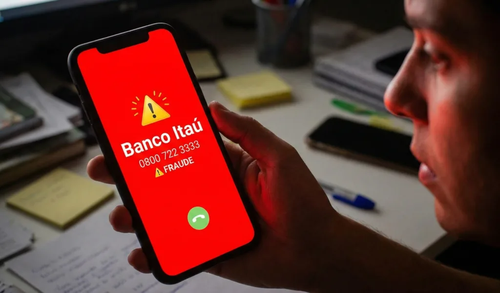 Golpe-da-Chamada-Falsa-Itau Ilustração de alerta sobre o Golpe Itaú envolvendo chamadas falsas
