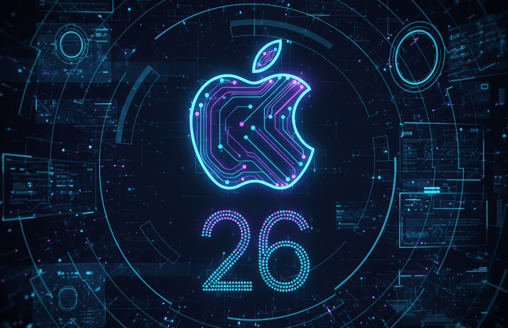 Logotipo ilustrativo da Apple com design neon futurista representando o novo sistema operacional iOS 26 e recursos de IA.