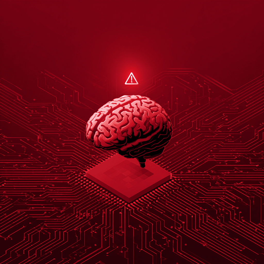 Ilustração de um cérebro humano digital sobre um microchip de IA, com um ícone de alerta vermelho brilhando acima, simbolizando os riscos da inteligência artificial para a saúde mental e a segurança do usuário.