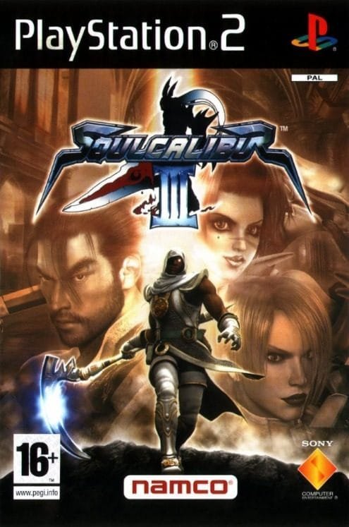 Capa original do jogo SoulCalibur III de PlayStation 2, mostrando os lutadores Siegfried e Nightmare, agora disponível no catálogo de clássicos do PS Plus Deluxe.