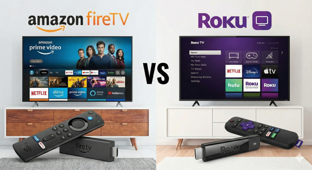 Comparação da interface simples de azulejos do sistema Roku versus a interface visual e moderna do Fire TV OS com sugestões de conteúdo.