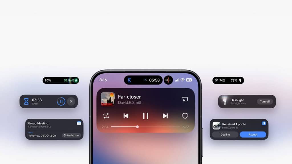 Funcionalidade HyperIsland e novos widgets do HyperOS 3. Demonstração do recurso HyperIsland no HyperOS 3 mostrando controles de música, timer e notificações no topo da tela estilo ilha dinâmica.