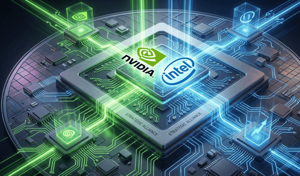 Ilustração detalhando como a Nvidia investe na Intel unindo tecnologias de chips.