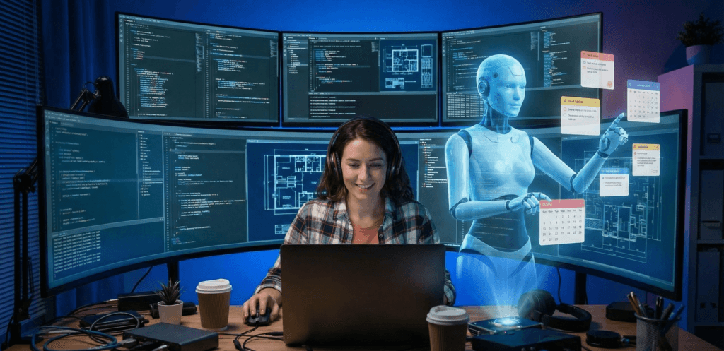 Profissional trabalhando com IA Agêntica. Profissional de tecnologia usando múltiplos monitores com assistente de inteligência artificial holográfico organizando tarefas complexas.