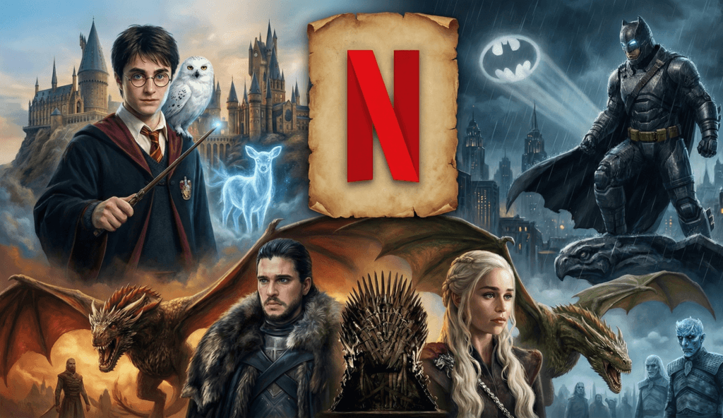Montagem artística mostrando Harry Potter, Batman e Jon Snow de Game of Thrones reunidos ao redor do logotipo vermelho da Netflix sobre um pergaminho antigo, simbolizando a união dos catálogos.