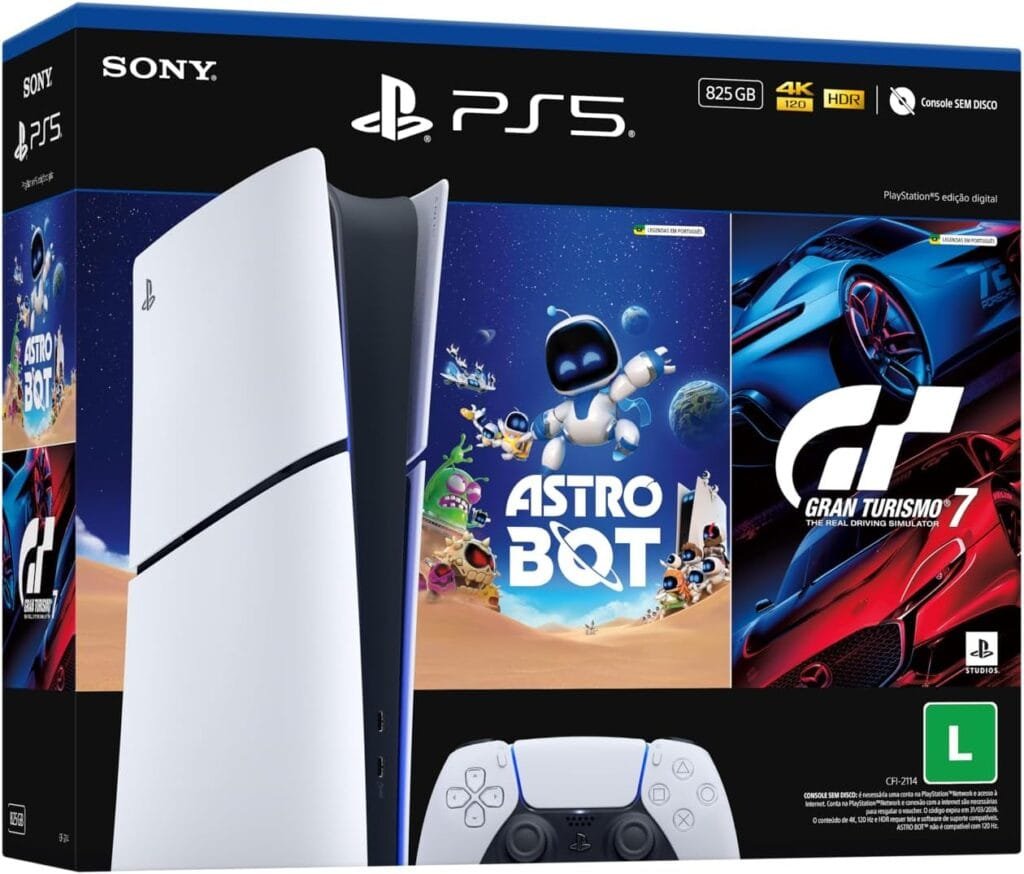 Caixa do console PlayStation 5 Slim Edição Digital exibindo o bundle com os jogos Astro Bot e Gran Turismo 7 em destaque.