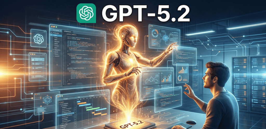 Interface do GPT-5.2 e Integração de Sistemas. Ilustração futurista representando o lançamento do modelo GPT-5.2 e a IA Agêntica