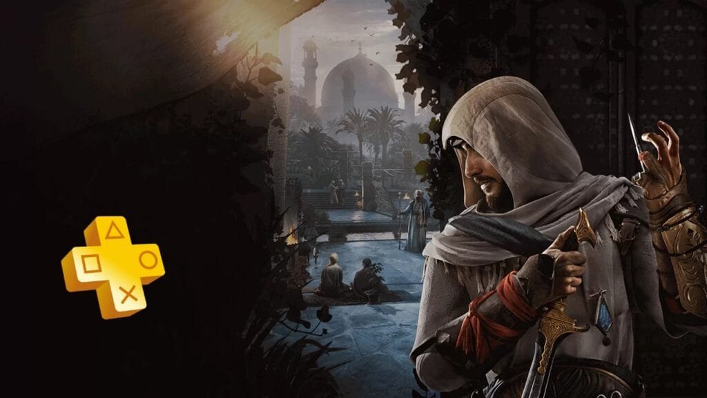 Basim, protagonista de Assassin's Creed Mirage, segurando uma adaga com a cidade de Bagdá ao fundo e o logo dourado da PS Plus, destaque do catálogo Extra de dezembro de 2025.