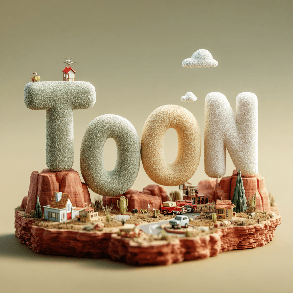 Ilustração 3D realista da palavra TOON em um cenário desértico, representando o novo formato de notação de objetos focado em economia de tokens para Inteligência Artificial.