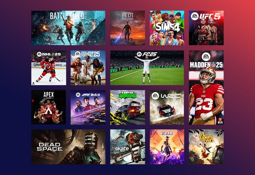Mosaico com capas de jogos populares disponíveis no Xbox Game Pass e EA Play, incluindo Battlefield 2042, The Sims 4, FIFA, UFC 5 e Dead Space.