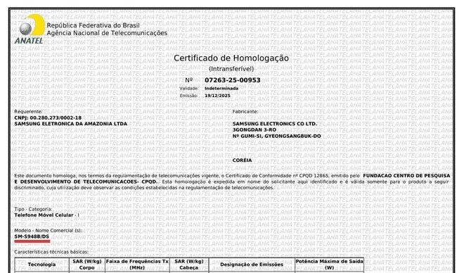 certificado-homologacao-anatel-galaxy-s26-ultra-sm-s948b Documento oficial de Certificado de Homologação da Anatel para o modelo SM-S948B/DS, referente ao Galaxy S26 Ultra da Samsung.
