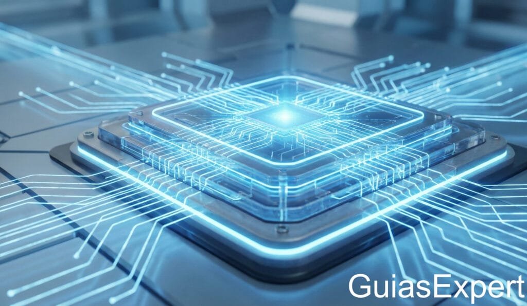 Detalhe do novo Chip FeFET da Samsung sobre wafer de silício brilhando em azul