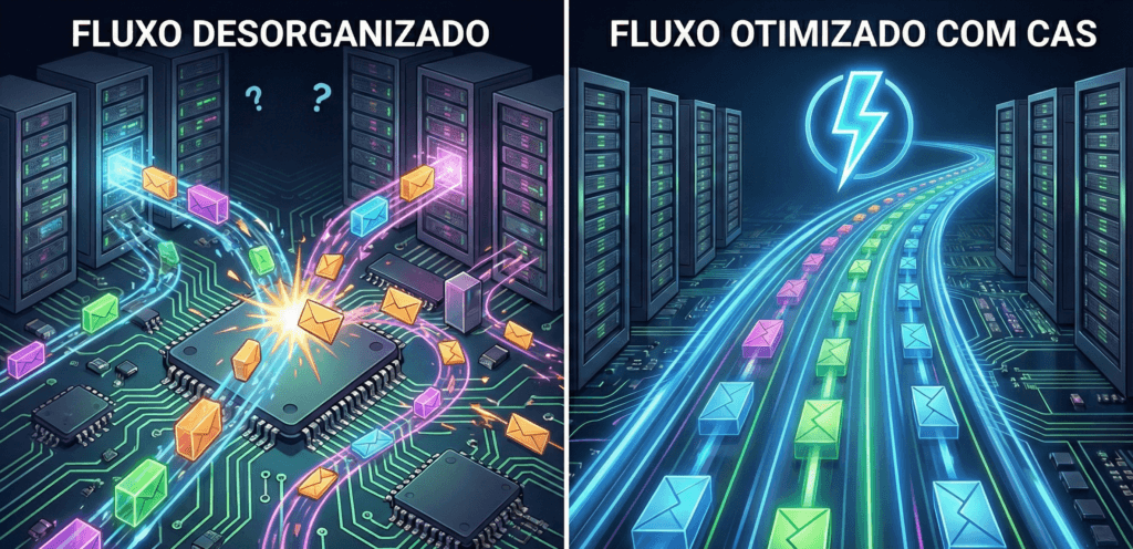 comparativo-fluxo-dados-cpu-cache-aware-scheduling Infográfico comparativo lado a lado. À esquerda, "Fluxo Desorganizado" mostrando dados congestionados no processador. À direita, "Fluxo Otimizado com CAS" mostrando dados fluindo rapidamente em linhas organizadas, ilustrando a tecnologia Cache Aware Scheduling no Linux.