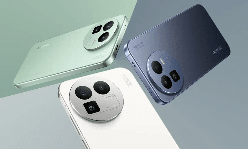 Lançamento do Realme GT 8 Pro no Brasil exibindo o design traseiro nas cores azul branco e verde