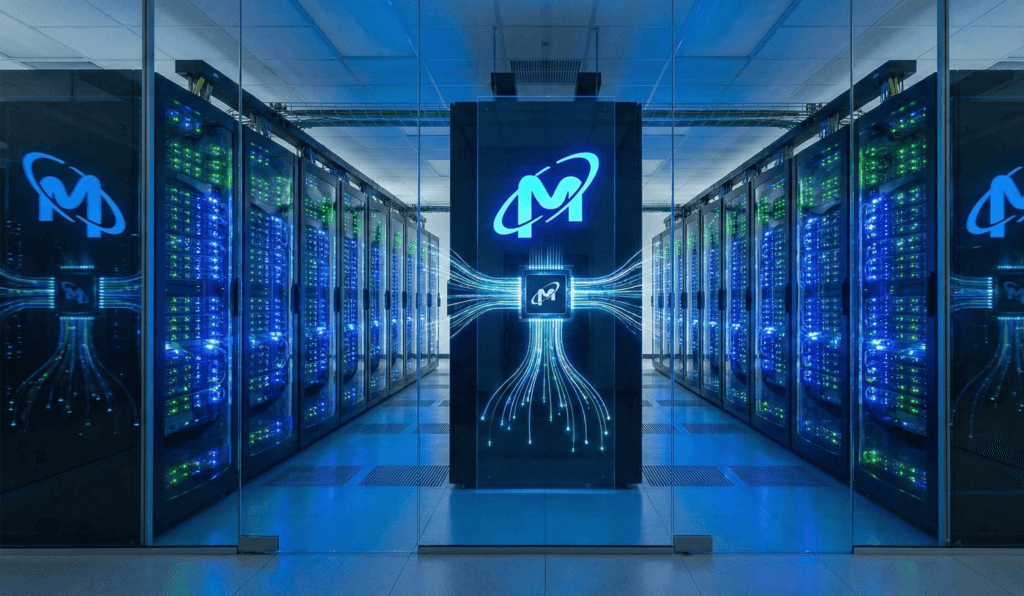 Corredor de servidores em Data Center da Micron com foco em processamento de Inteligência Artificial.