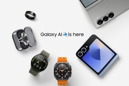 Ecossistema Galaxy conectado com Galaxy AI. Conjunto de dispositivos do ecossistema Galaxy incluindo Galaxy Z Fold, Galaxy Watch Ultra e Galaxy Buds 3 Pro vistos de cima.
