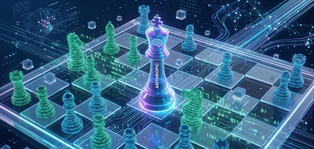 Tabuleiro de xadrez futurista com peça central contendo o logo da Anthropic, simbolizando sua estratégia de mercado contra concorrentes na guerra das IAs.