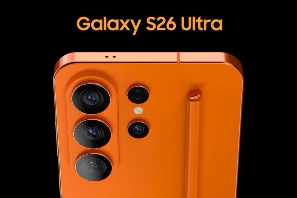 galaxy-s26-ultra-render-traseira-laranja Renderização da traseira do Samsung Galaxy S26 Ultra na cor laranja, exibindo o conjunto de cinco câmeras e a caneta S Pen ao lado.