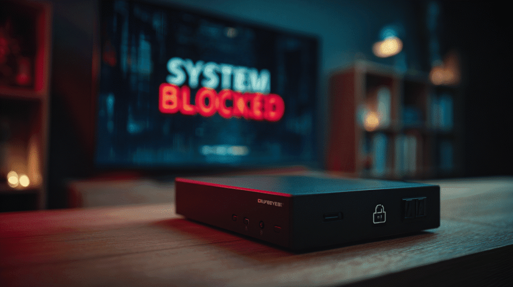 TV Box pirata com sistema bloqueado e riscos de segurança.