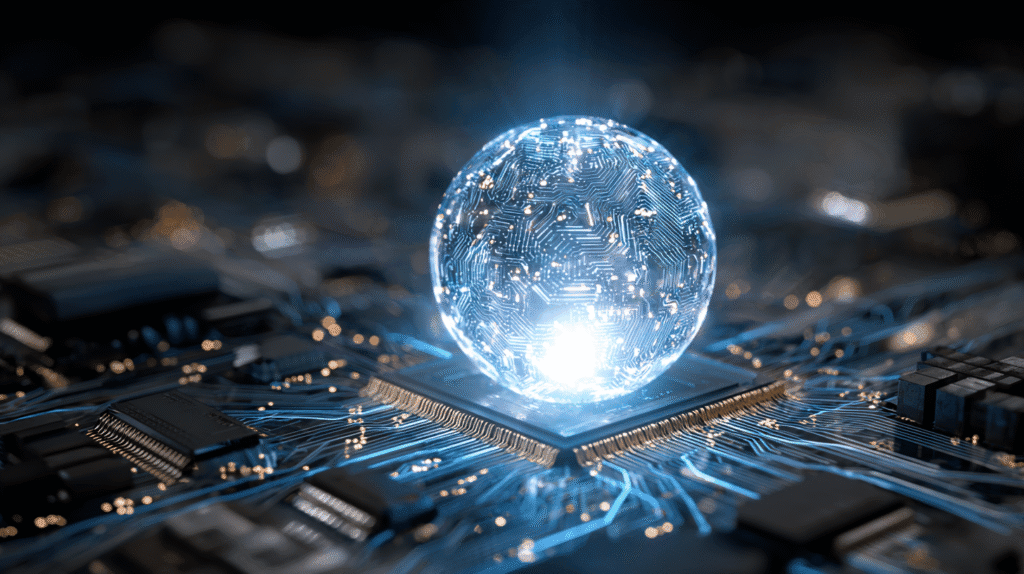 Ilustração realista mostrando um núcleo tecnológico brilhante conectado a componentes de computador, representando o Kernel como o cérebro do sistema operacional.