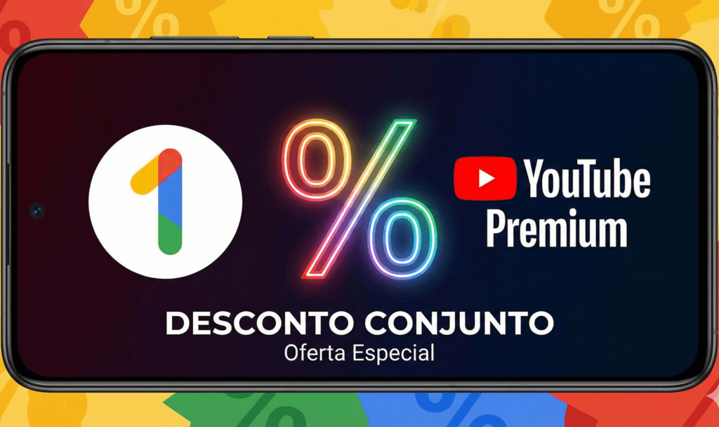 Smartphone exibindo oferta de desconto conjunto do YouTube Premium e Google One de 14% na mensalidade.
