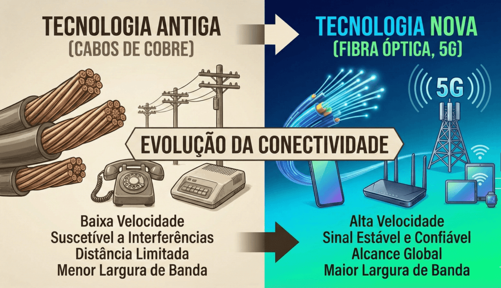 Infográfico comparando tecnologia antiga de telefonia fixa com cabos de cobre versus nova tecnologia de fibra óptica e 5G.