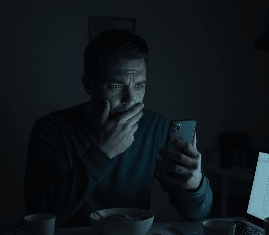 Homem preocupado com respostas ilusórias de Inteligência Artificial no celular