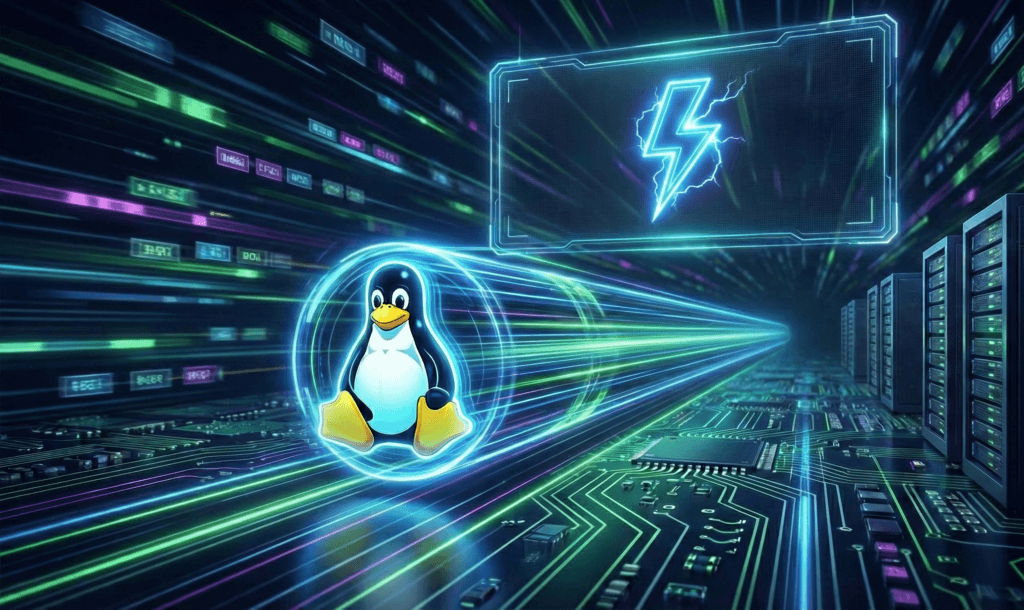 Ilustração do mascote Tux em um túnel de neon representando um Linux mais rápido com a nova atualização do Kernel.