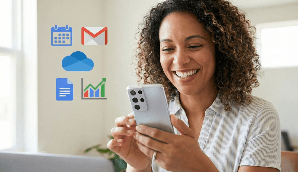Mulher sorrindo olhando para um smartphone, com ícones flutuantes do Google Agenda, Gmail e Drive, ilustrando a produtividade e multitarefa no Android.