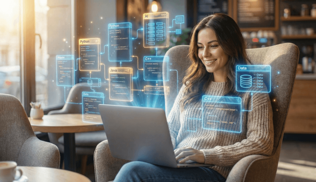 Mulher utilizando Vibe Coding para programar com IA.