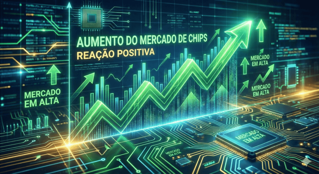 Gráfico de Alta das Ações de Tecnologia e Chips 2025 Gráfico digital com setas verdes apontando para cima e velas de negociação, representando a reação positiva e o aumento do valor das ações no mercado de chips e tecnologia após o anúncio da Nvidia.