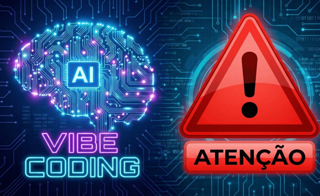 Ilustração de um cérebro digital conectado com a escrita Vibe Coding ao lado de uma placa vermelha de atenção, alertando sobre os riscos.