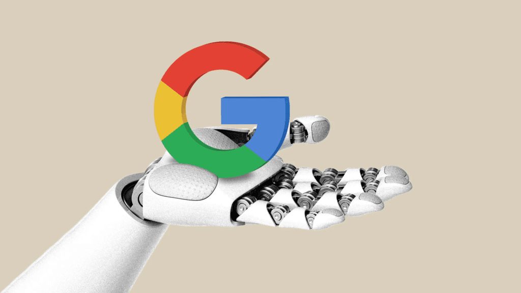 robo-segurando-logo-google-busca-ia Uma mão robótica branca segurando o logotipo colorido "G" do Google, simbolizando a integração da inteligência artificial e automação na ferramenta de busca.