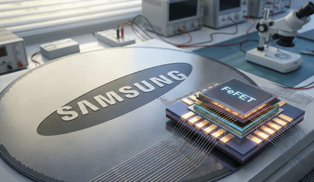 Novo Chip FeFET da Samsung brilhando em azul.