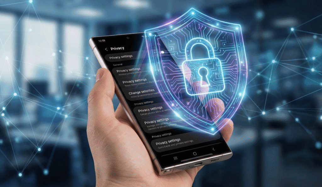 Recursos de Privacidade e Segurança One UI 8.5. Mão segurando um smartphone com um holograma de cadeado digital brilhante, ilustrando o recurso de segurança Private Display da Samsung.