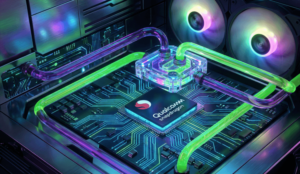 processador-snapdragon-sistema-resfriamento-liquido Ilustração artística de um processador Snapdragon com sistema de resfriamento líquido RGB e tubos de dissipação de calor.