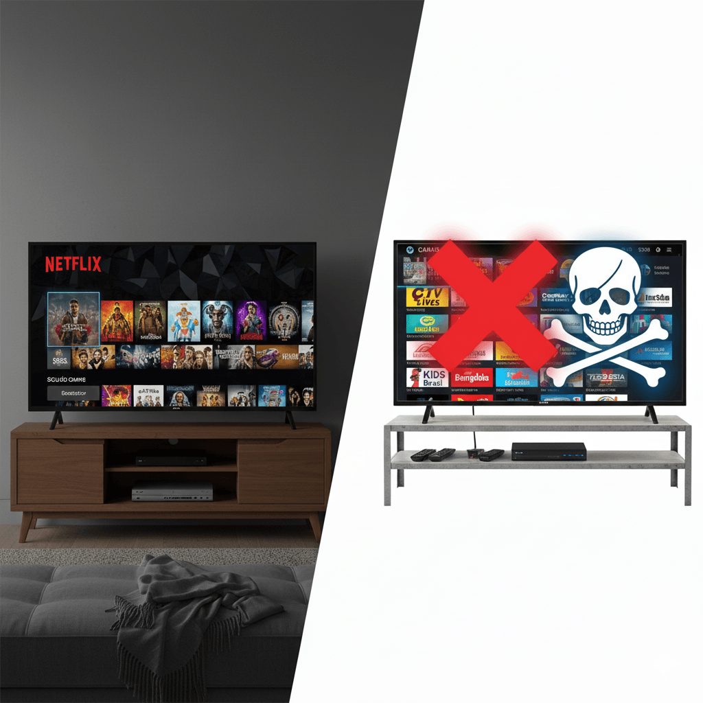 Montagem comparativa: à esquerda, uma TV exibindo a interface oficial da Netflix; à direita, uma TV com interface pirata sobreposta por uma caveira e um X vermelho, indicando perigo e ilegalidade.