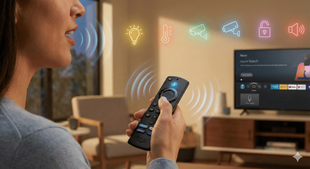 Pessoa utilizando o comando de voz no controle do Fire TV Stick para controlar dispositivos de casa inteligente via Alexa.
