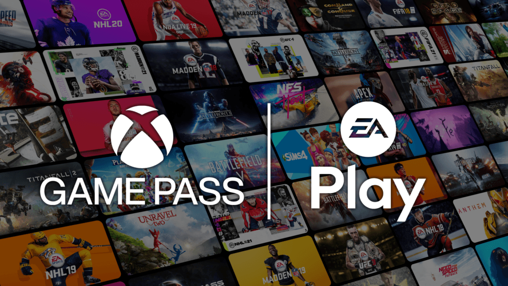 Colagem exibindo diversas capas de jogos populares disponíveis no catálogo do Xbox Game Pass e EA Play, ilustrando a biblioteca de títulos.