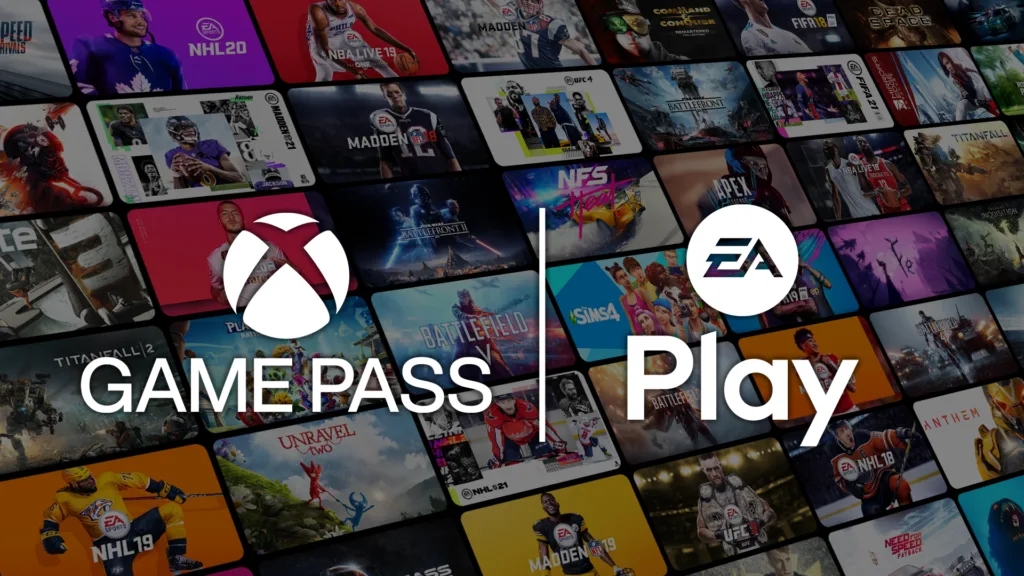 Colagem exibindo diversas capas de jogos populares disponíveis no catálogo do Xbox Game Pass e EA Play, ilustrando a biblioteca de títulos.