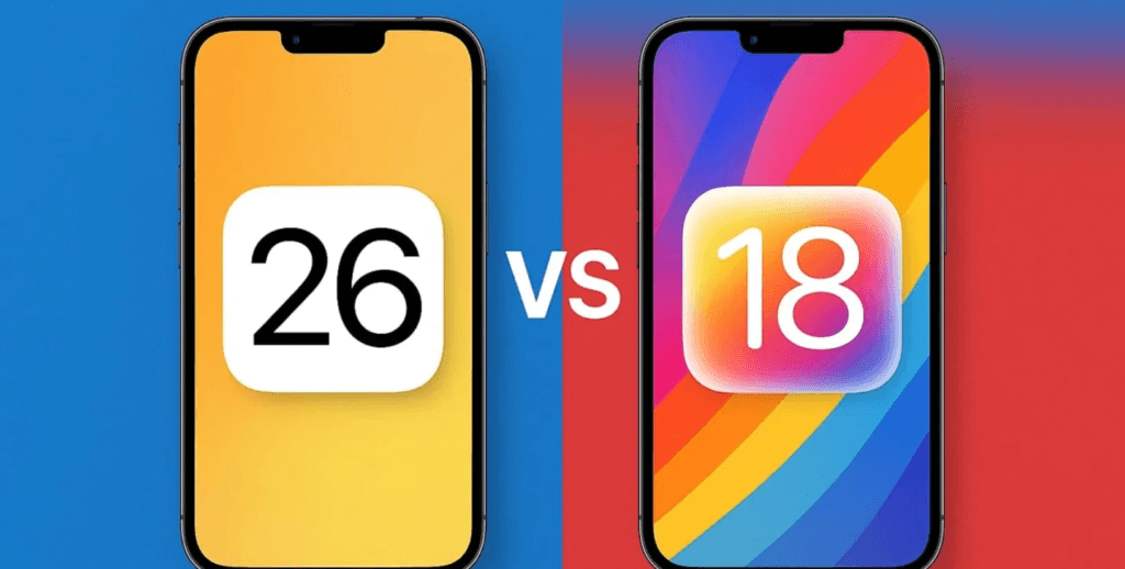Comparação lado a lado entre o ícone do iOS 26 (esquerda) e iOS 18 (direita), ilustrando a disputa de preferência e a baixa taxa de adoção da nova versão.